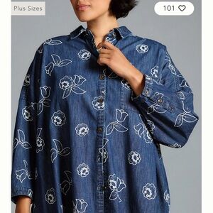 Maeve Anthropologie Floral Denim Oversized Embroidered Button-Up Shirt Size M/L